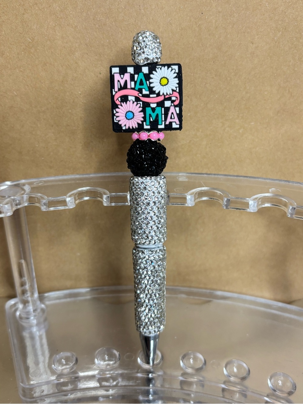 Rhinestone Mama Pen Topper with Black and Pink Accents